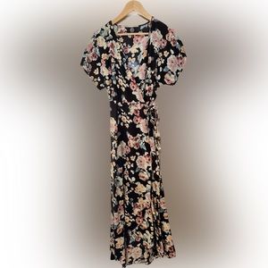 Long wrap-dress with built-in slip. Black with pink flowers. 
By  Bobeau